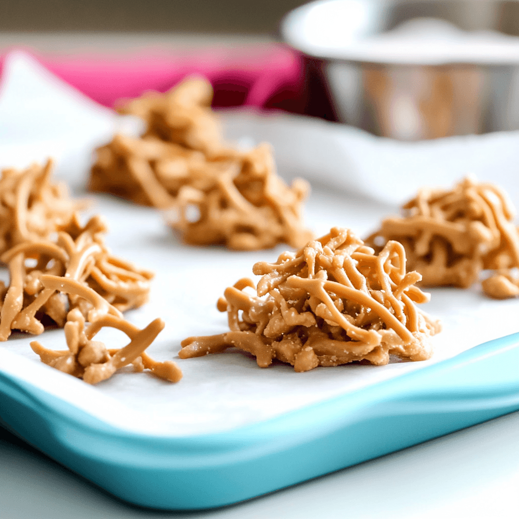 A close-up of No-Bake Butterscotch Haystacks, featuring crunchy chow mein noodles and peanuts coated in smooth, melted butterscotch chips, formed into small clusters.